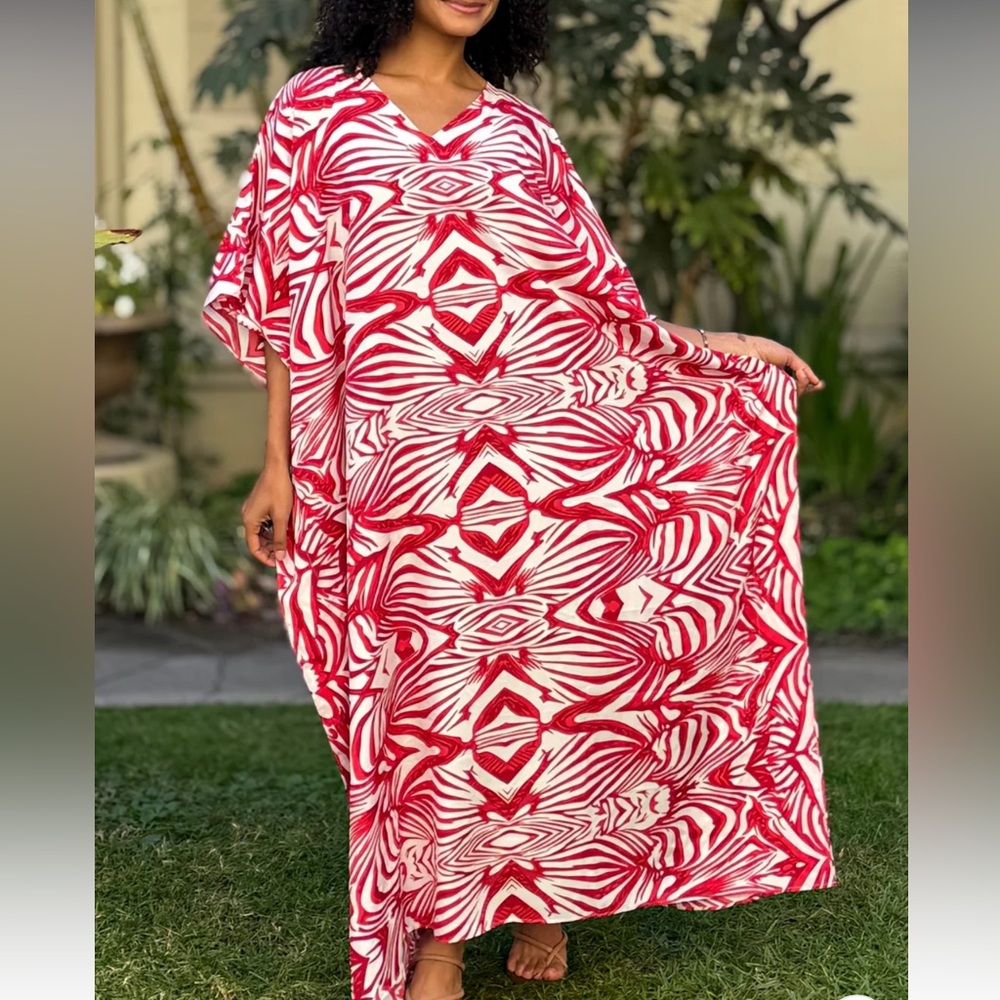 CARESS RED ABSTRACT MIX S-4X LOUNGE COVERUP ROBE RESORT MAXI DRESS KAFTAN